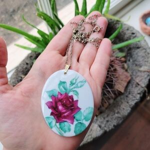 Vintage Petachenko Original Handpainted Porcelain Rose Pendant Necklace